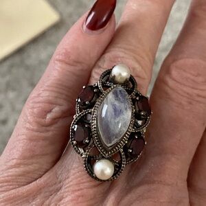 Vintage Nicky Butler NB Sterling Silver Moonstone Garnet & Pearl Ring Size 5.5